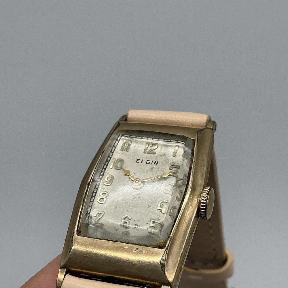 Vintage Elgin Mens Watch 21mm Driver Gold Tone Manual Wind Beige Leather